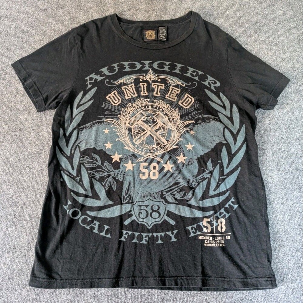 Christian Audigier AOP Local 58 Worker Graphic Short Sleeve Tee Mens Sz XL Black